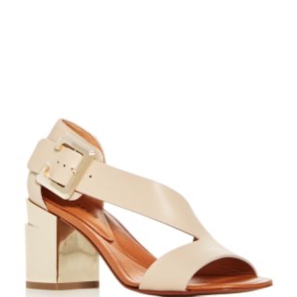 CLERGERIE Women's Beige Leather Abstract Gold Block-Heel Sandals Open toe Pumps - Picture 3 of 16